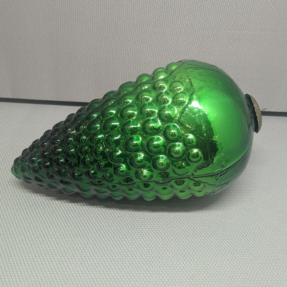 VTG 14" Green Mercury Glass Kugel Style Grape Cluster Ornament Ornate Metal Cap